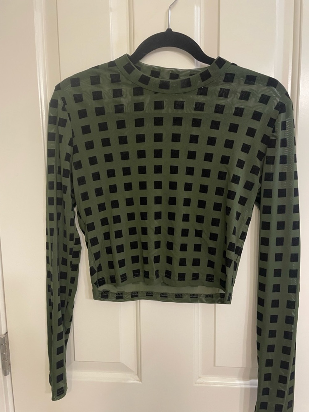 Women's Olive Green Grid Print Long-Sleeve Top